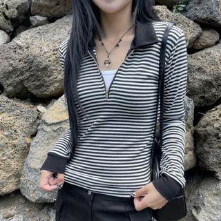 Long-sleeve Half-zip Striped Polo Shirt