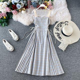 Wide Strap Lace-up Plaid Midi A-line Dress