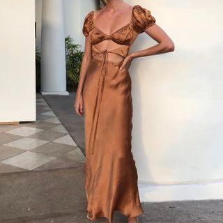 Puff-sleeve Cutout Maxi Sheath Dress