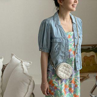 V-neck Puff-sleeve Denim Shirt Light Blue - One Size