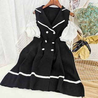 Double Breasted Sleeveless A-line Dress Black - One Size