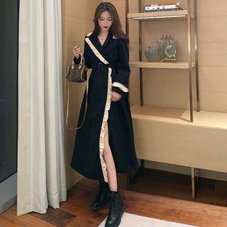 Contrast Trim Tie-waist Open Front Midi Coat