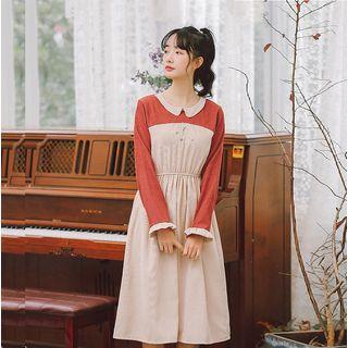 Mock Two-piece Long-sleeve Corduroy A-line Midi Dress