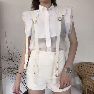 Frilled Trim Panel Sleeveless Top / High-waist Double-buttoned Shorts