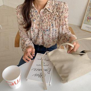 Frill-trim Shirred Floral Chiffon Blouse