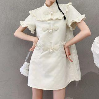Mandarin Collar Faux Pearl Button Mini A-line Dress