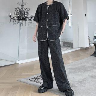 Set: Elbow-sleeve Button Jacket + Wide Leg Pants