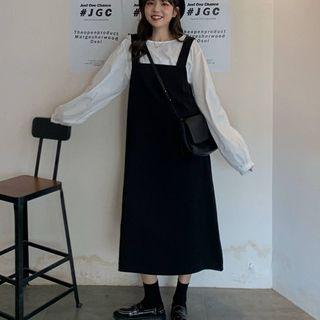 Lantern-sleeve Blouse / A-line Midi Pinafore Dress