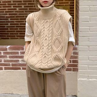 Plain Turtleneck Cable Knit Vest