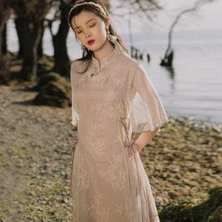 Mandarin Collar Short-sleeve Lace Midi A-line Dress