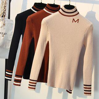 Mock Neck Contrast-trim Lettering Sweater