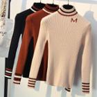Mock Neck Contrast-trim Lettering Sweater