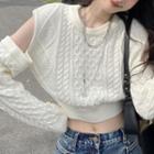 Cold-shoulder Cable-knit Cropped Sweater White - One Size