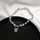 Butterfly Faux Pearl Choker Necklace Silver - One Size