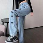 High-waist Heart Embroidery Straight Leg Jeans