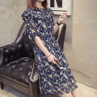 Flower Printed Elbow-sleeve Midi Dress