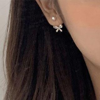 Bow Faux Pearl Alloy Earring Stud Earring - 1 Pair - 925 Silver Stud - Gold - One Size