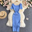 Square-neck Knit Short-sleeve Slit Dress
