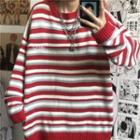 Lettering Embroidered Striped Sweater Red - One Size