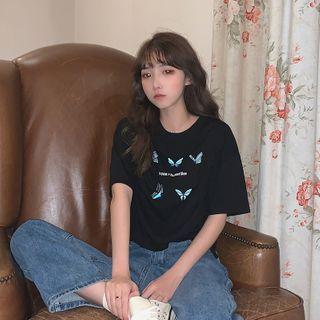 Printed Butterfly Lace Up Short-sleeved Top