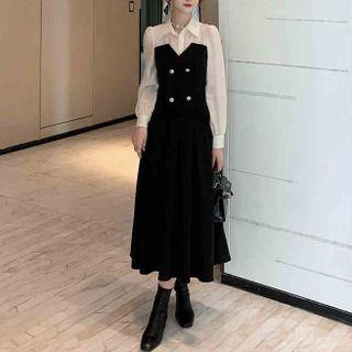 Mock Two-piece Shirt / Midi A-line Skirt