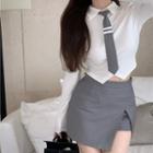 Plain Cardigan / Neck Tie / Shirt / A-line Skirt