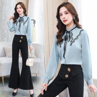 Set: Embroidered Lace-up Blouse + High Waist Boot-cut Dress Pants