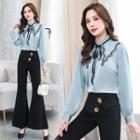 Set: Embroidered Lace-up Blouse + High Waist Boot-cut Dress Pants