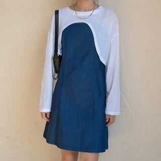 Set: Long-sleeve Cropped T-shirt + Spaghetti Strap A-line Dress T-shirt - White /  Dress - Navy Blue - One Size