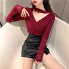 Glitter Cut-out Long-sleeve Mesh Top