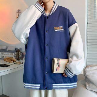 Long-sleeve Letter Print Two-tone Baseball Jacket