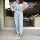 Elbow-sleeve Paneled Jumpsuit Blue - One Size