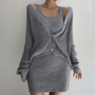 Set: Plain Knit Mini Bodycon Tank Dress + Cardigan