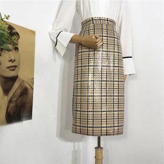 Midi Faux Leather Plaid A-line Skirt