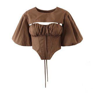 Set: Spaghetti Strap Corset Top + Puff-sleeve Crop Blouse