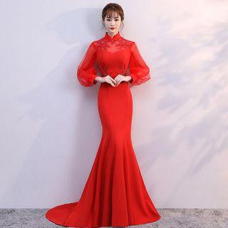 Mesh Panel Long Sleeve Evening Gown