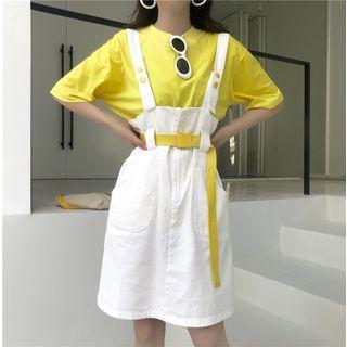 Elbow-sleeve Plain T-shirt/ Suspender Skirt With Belt