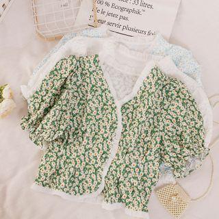 Puff-sleeve V-neck Floral Cropped Blouse