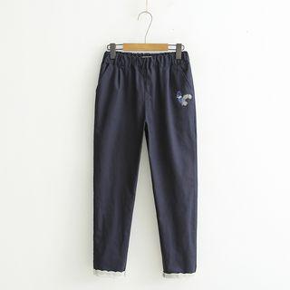Squirrel Embroidered Band Waist Pants