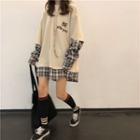 Plaid Panel Mock Two-piece Hoodie As Shown In Figure - One Size
