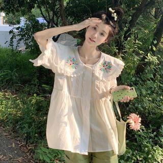 Elbow-sleeve Collar Embroidered Blouse White - One Size