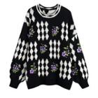 Flower Embroidered Argyle Sweater