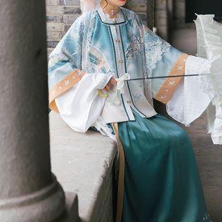 Print Frog-button Hanfu Jacket / Bell-sleeve Jacket / Maxi A-line Skirt