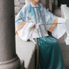 Print Frog-button Hanfu Jacket / Bell-sleeve Jacket / Maxi A-line Skirt