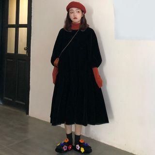 Turtleneck Long-sleeve T-shirt / Puff-sleeve Midi Shift Dress