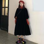 Turtleneck Long-sleeve T-shirt / Puff-sleeve Midi Shift Dress