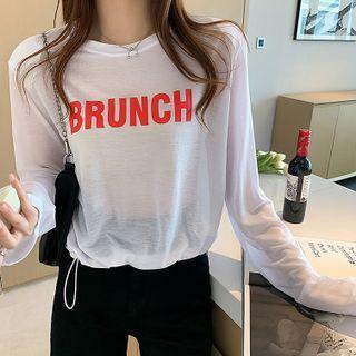 Long-sleeve Drawstring Lettering Sheer T-shirt