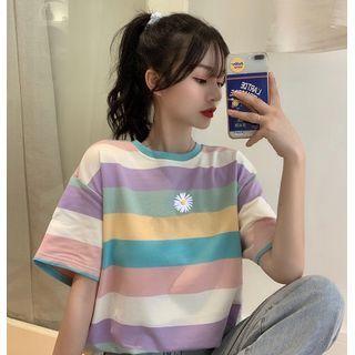 Striped Short-sleeved Embroider Flower Top