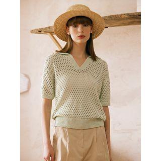 Collared V-neck Perforated Knit Top Mint Green - One Size