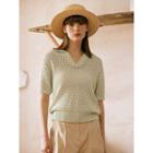 Collared V-neck Perforated Knit Top Mint Green - One Size